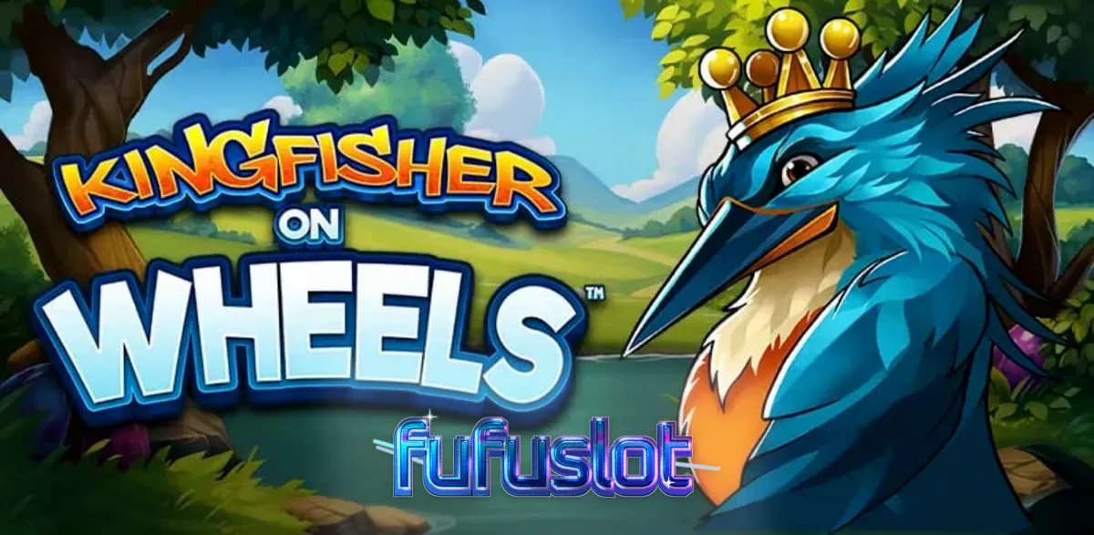 Tampilan visual slot Kingfisher on Wheels dengan latar belakang sungai dan roda keberuntungan